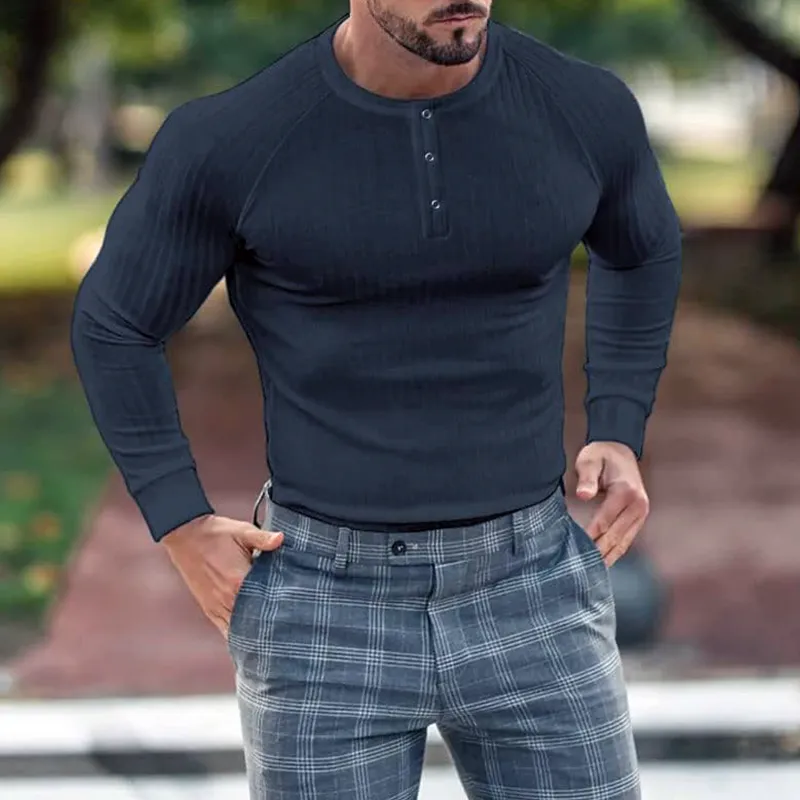 Men's Solid Color Striped Henley Collar Long Sleeve T-shirt 28705088Z sold by Manly product image thumbnail 2