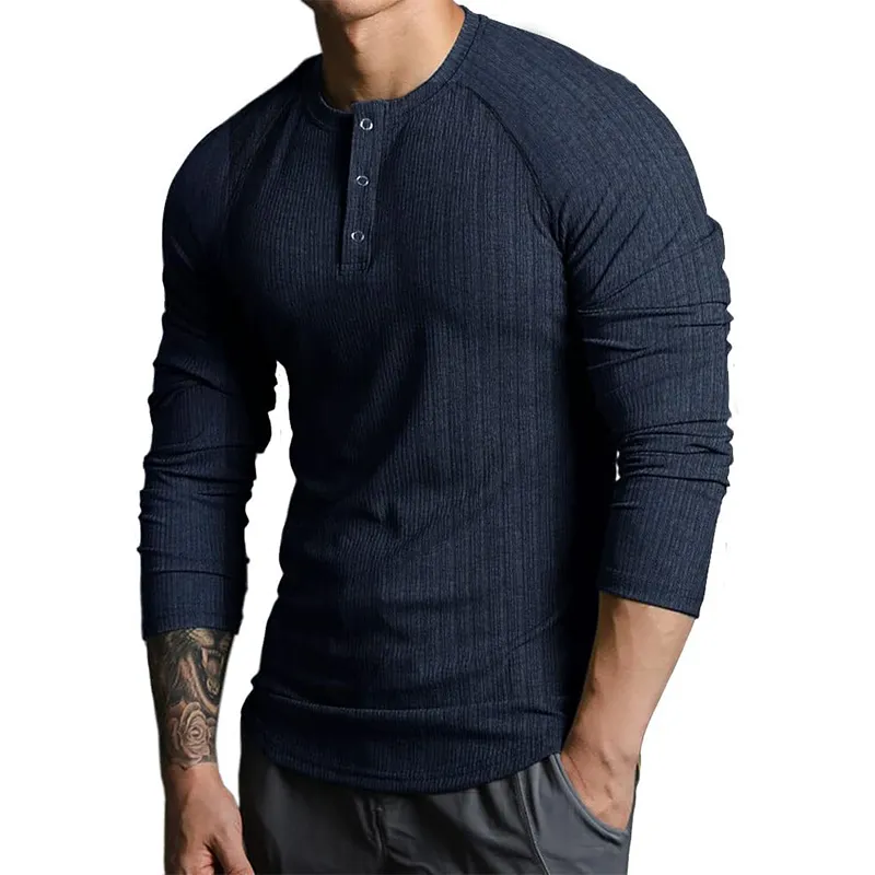 Men's Solid Color Striped Henley Collar Long Sleeve T-shirt 28705088Z sold by Manly