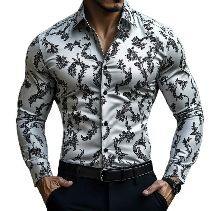 Men's Retro Graphic Print Satin Lapel Long Sleeve Shirt 17784275Z sold by Manly