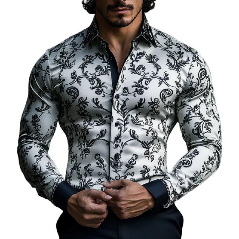 Men's Vintage Jacquard Embroidered Satin Lapel Long Sleeve Shirt 87484004Z sold by Manly