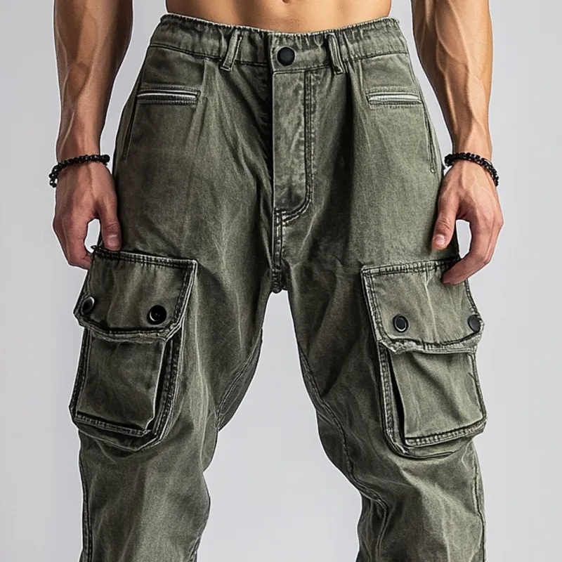 Men's Fashion Distressed Washed Multi-pocket Cargo Pants 68195044Z sold by Manly product image thumbnail 3