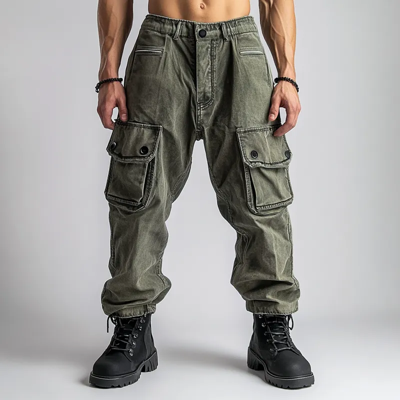 Men's Fashion Distressed Washed Multi-pocket Cargo Pants 68195044Z sold by Manly product image thumbnail 2