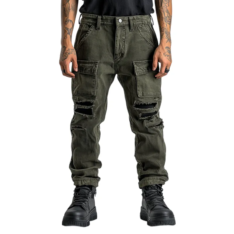 Men's Fashion Distressed Holes Patch Multi-pocket Cargo Pants 39964333Z sold by Manly