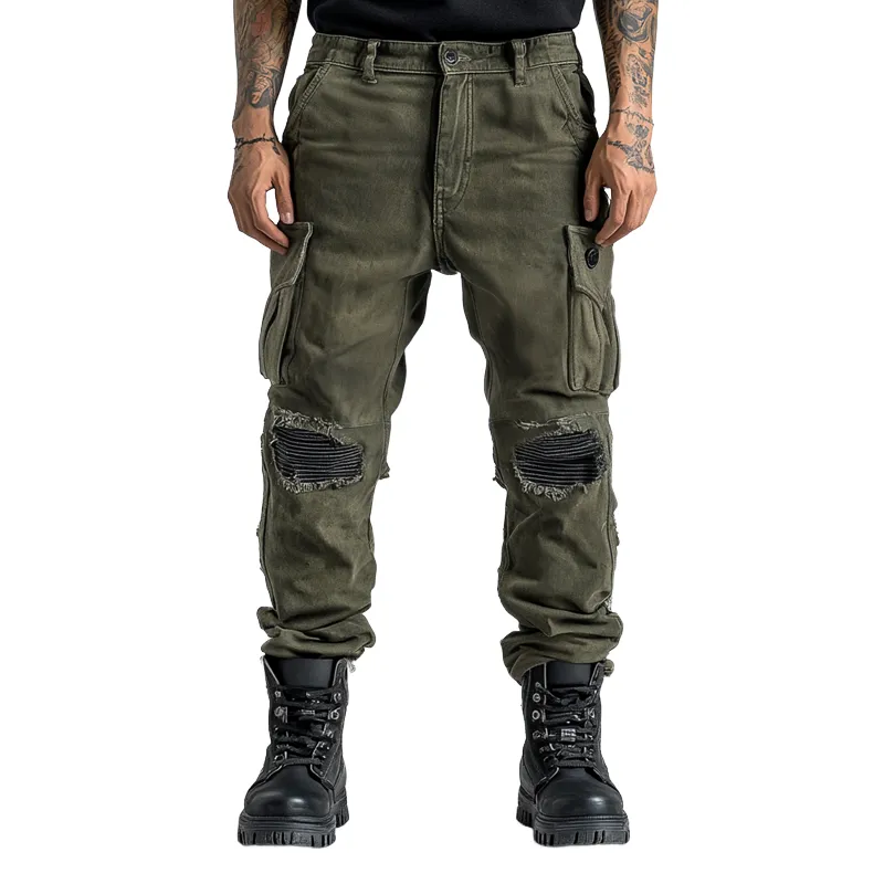 Men's Fashion Distressed Holes Patch Multi-pocket Cargo Pants 70755465Z sold by Manly