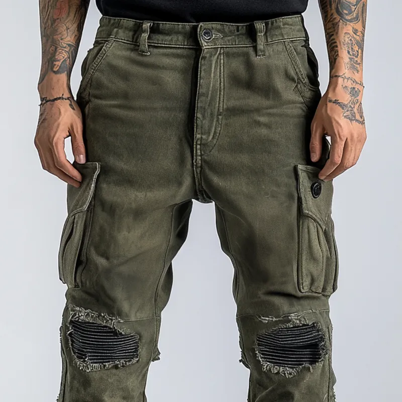 Men's Fashion Distressed Holes Patch Multi-pocket Cargo Pants 70755465Z sold by Manly product image thumbnail 3
