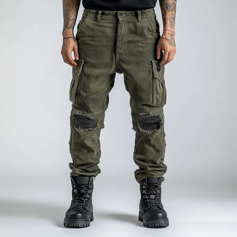 Men's Fashion Distressed Holes Patch Multi-pocket Cargo Pants 70755465Z sold by Manly product image thumbnail 2