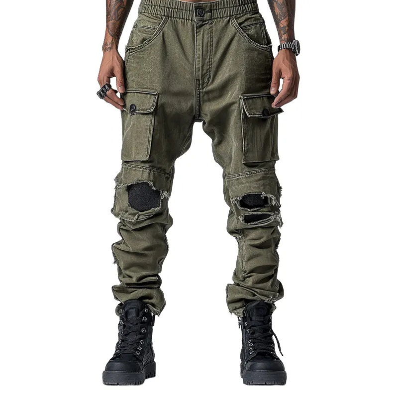 Men's Fashion Distressed Holes Patch Multi-pocket Cargo Pants 48413906Z sold by Manly