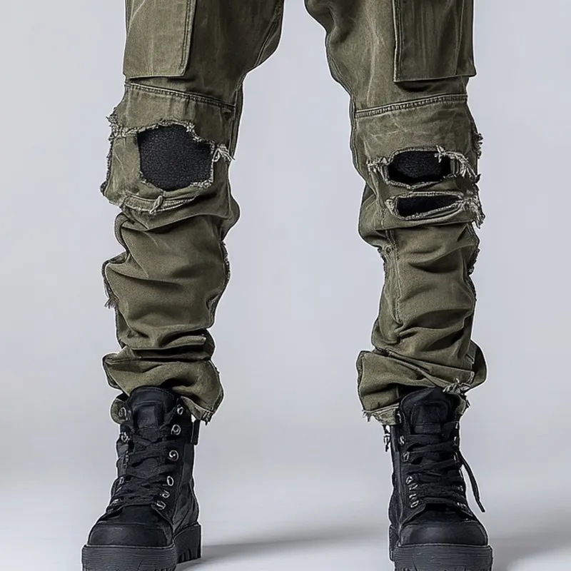 Men's Fashion Distressed Holes Patch Multi-pocket Cargo Pants 48413906Z sold by Manly product image thumbnail 3