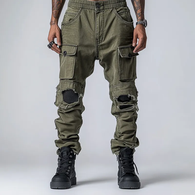 Men's Fashion Distressed Holes Patch Multi-pocket Cargo Pants 48413906Z sold by Manly product image thumbnail 2
