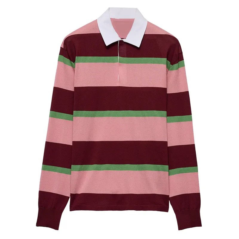 Men's Casual Fashion Striped Contrast Lapel Long-sleeved POLO Shirt 11423282F sold by Manly
