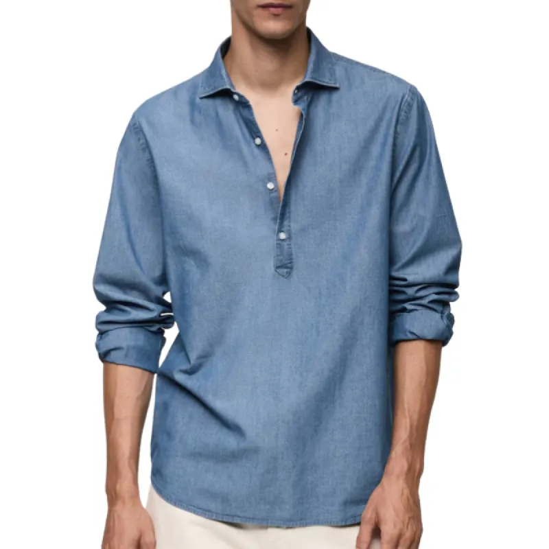 Men's Casual Denim Blue Lapel Long Sleeve POLO Shirt 00789014F sold by Manly