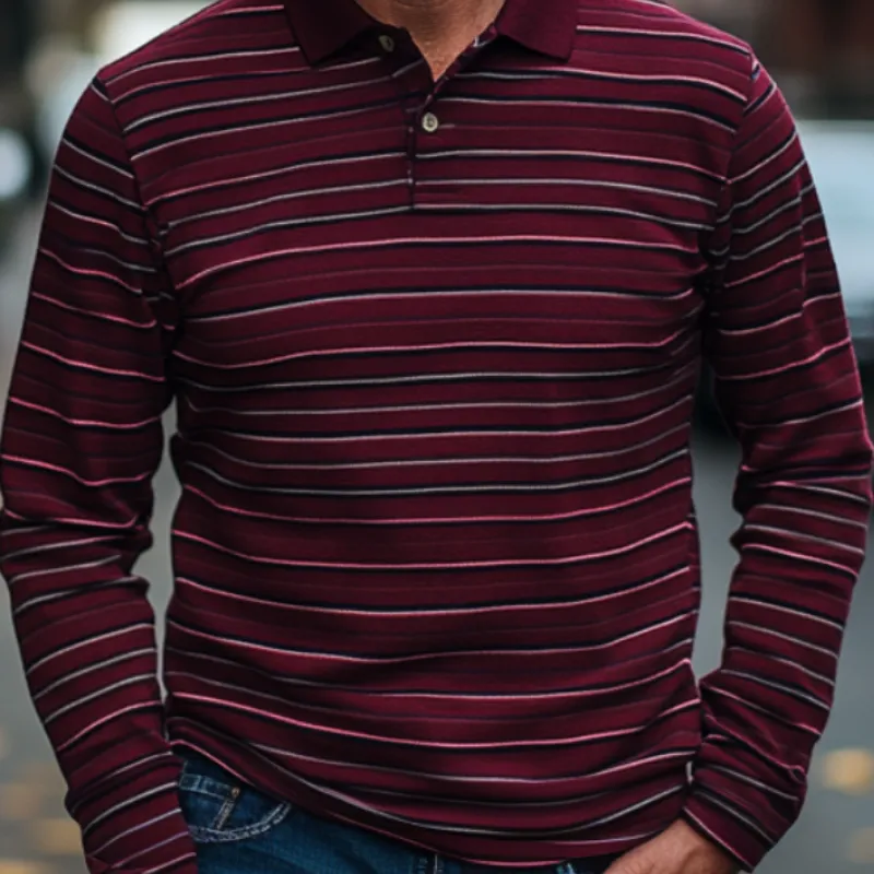 Men's Trendy Burgundy Striped Long-sleeved Polo Shirt 15997859F sold by Manly product image thumbnail 3