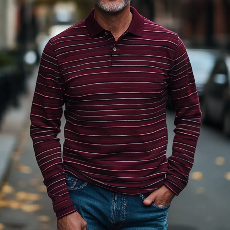 Men's Trendy Burgundy Striped Long-sleeved Polo Shirt 15997859F sold by Manly product image thumbnail 2