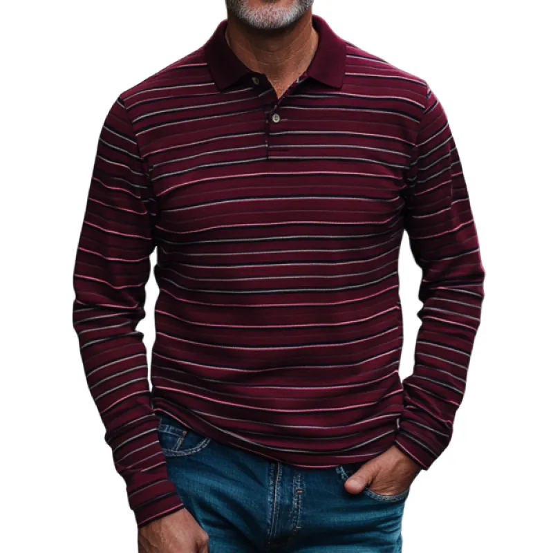 Men's Trendy Burgundy Striped Long-sleeved Polo Shirt 15997859F sold by Manly