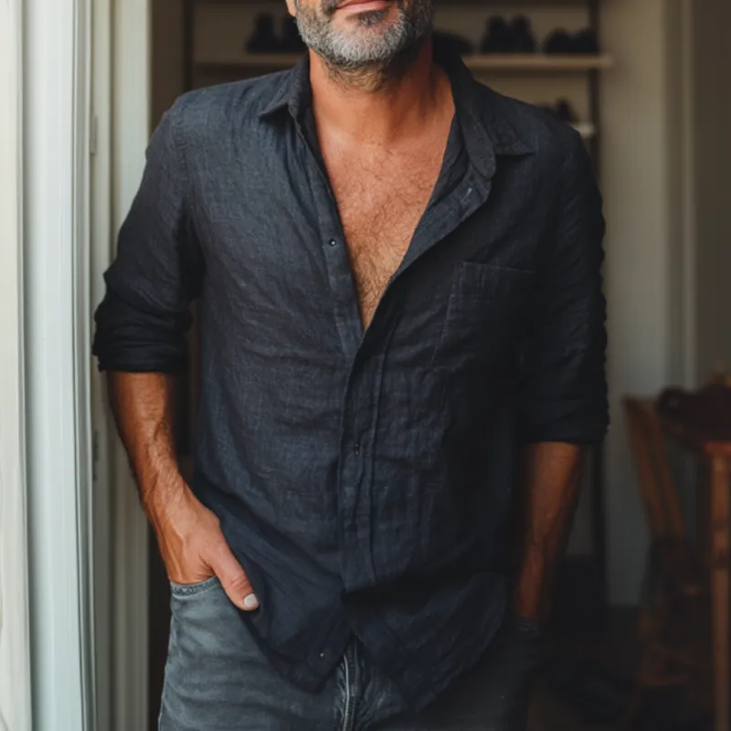 Men's Casual Cotton Linen Lapel Loose Long Sleeve Shirt 01814446M sold by Manly product image thumbnail 2