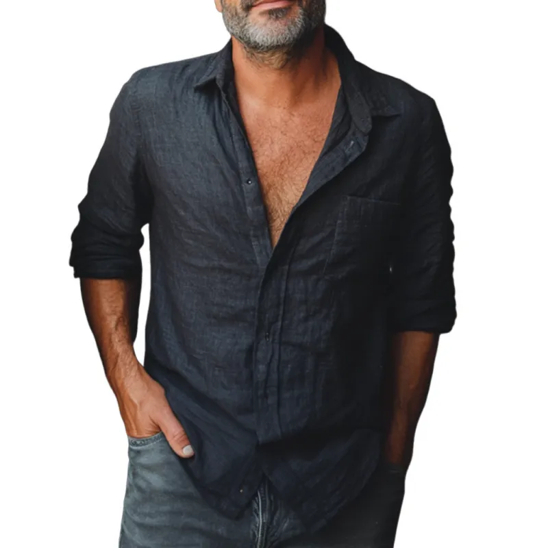 Men's Casual Cotton Linen Lapel Loose Long Sleeve Shirt 01814446M sold by Manly