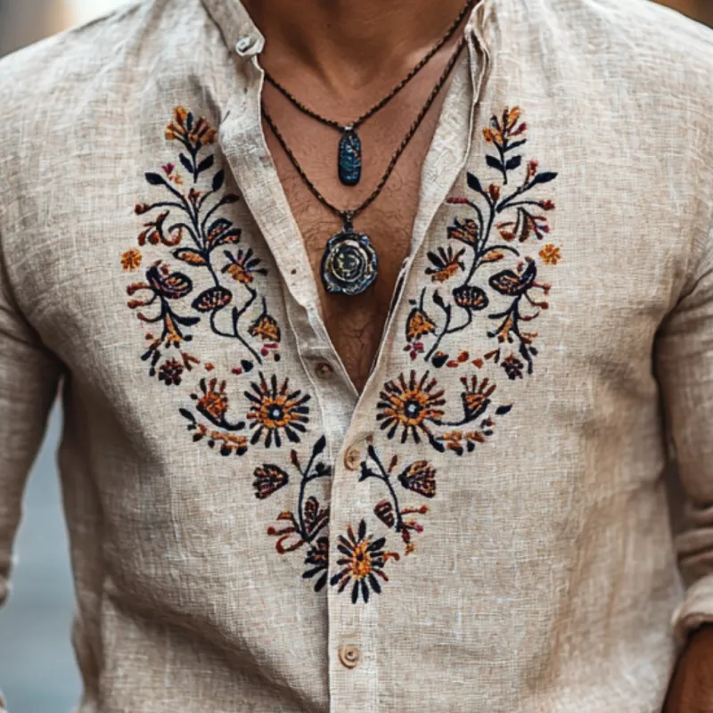 Men's Casual Cotton Linen Embroidered Stand Collar Slim Fit Long Sleeve Shirt 79926934M sold by Manly product image thumbnail 3