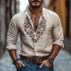 Men's Casual Cotton Linen Embroidered Stand Collar Slim Fit Long Sleeve Shirt 79926934M sold by Manly