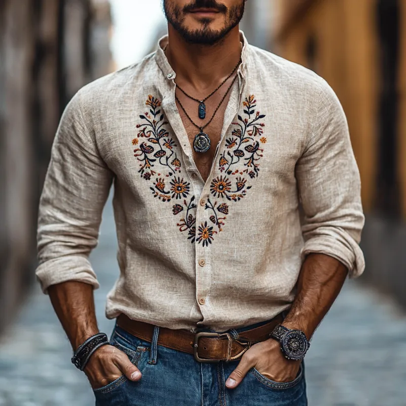 Men's Casual Cotton Linen Embroidered Stand Collar Slim Fit Long Sleeve Shirt 79926934M sold by Manly product image thumbnail 2