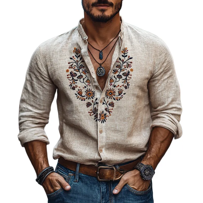 Men's Casual Cotton Linen Embroidered Stand Collar Slim Fit Long Sleeve Shirt 79926934M sold by Manly