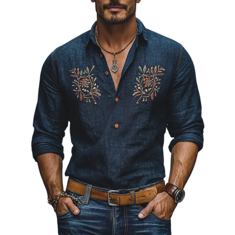 Men's Casual Cotton Linen Embroidered Lapel Slim Fit Long Sleeve Shirt 38931004M sold by Manly