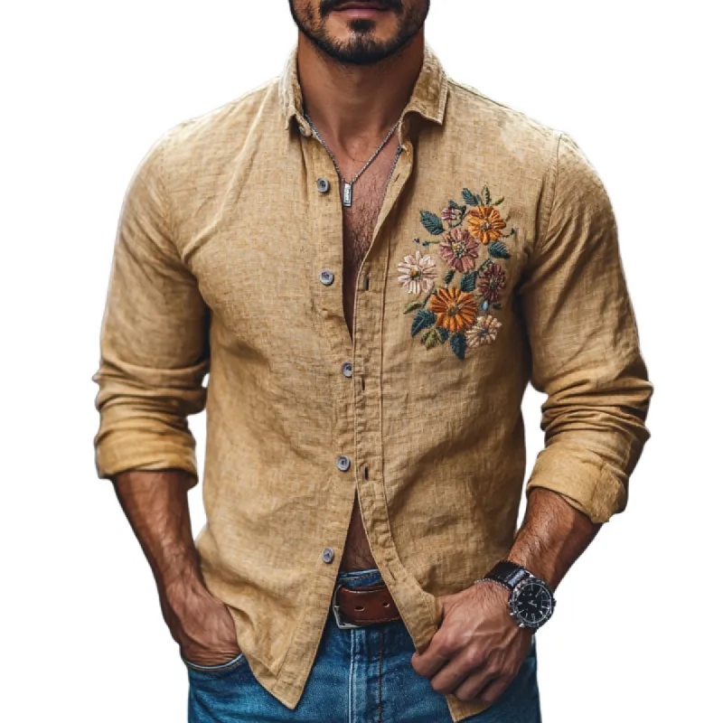 Men's Casual Cotton Linen Embroidered Lapel Slim Fit Long Sleeve Shirt 04935656M sold by Manly