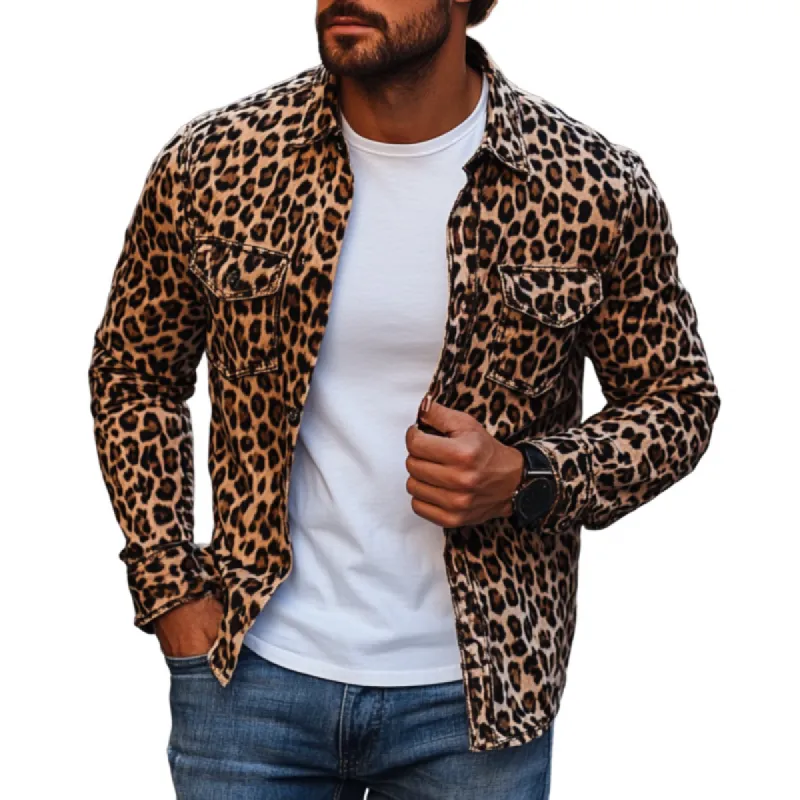Men's Fashion Leopard Print Lapel Chest Strap Slim Fit Long Sleeve Shirt 99942928M sold by Manly