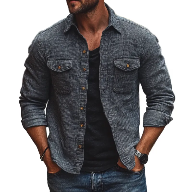 Men's Casual Textured Fabric Lapel Chest Pocket Long Sleeve Shirt 35273528M sold by Manly