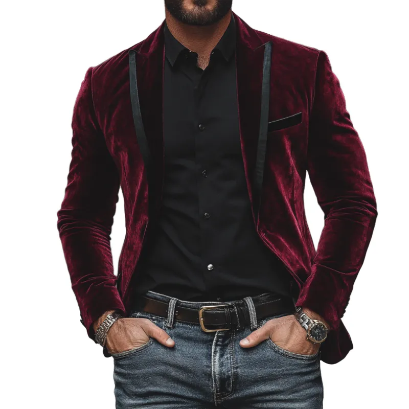 Men's Vintage Velvet Leather Patchwork Peaked Lapel Slim Fit Blazer 47212387M sold by Manly