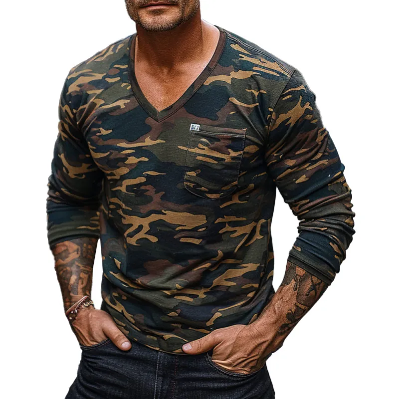Men's Camouflage Print V-Neck Long Sleeve T-Shirt 13126283X sold by Manly