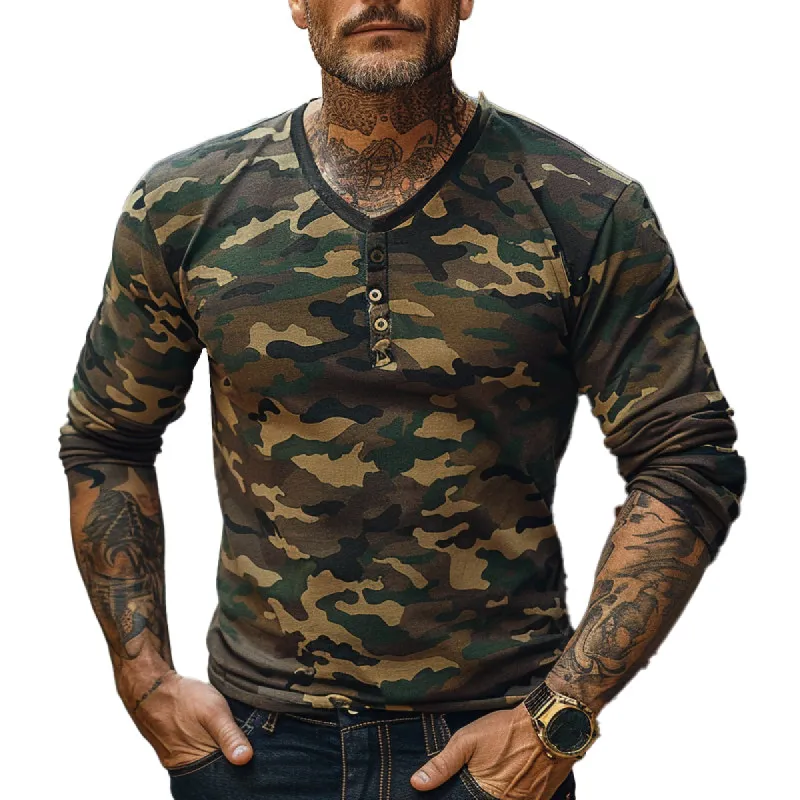 Men's Vintage Camouflage Henley Collar Long Sleeve T-Shirt 75178214X sold by Manly