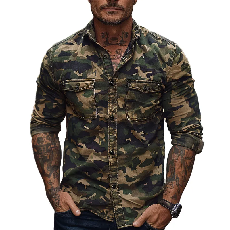 Men's Outdoor Camouflage Lapel Long Sleeve Shirt 61411542X sold by Manly