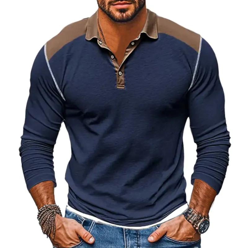 Men's Casual Colorblock Button Lapel Long-Sleeved Polo Shirt 36623429Y sold by Manly