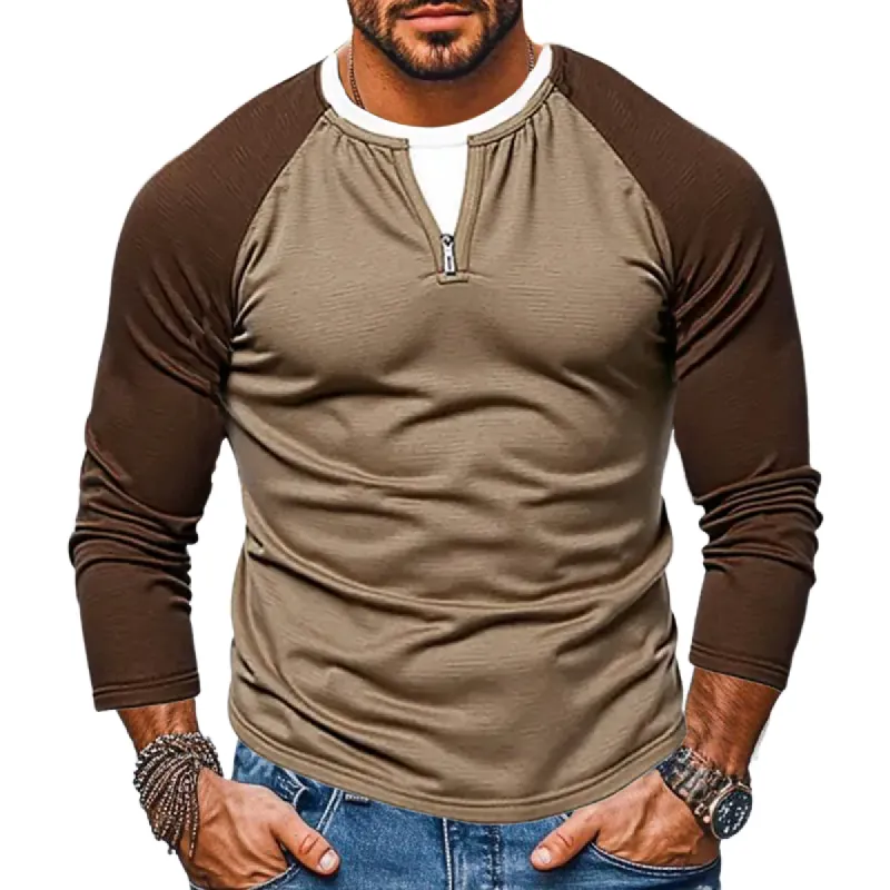 Men's Casual Color Matching Fake Two-Piece Double-Layer V-Neck Long-Sleeved T-Shirt 08547564Y sold by Manly