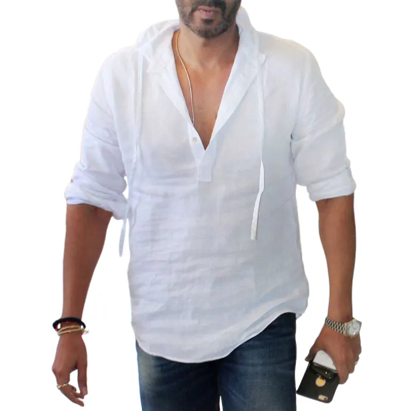 Men's Classic Casual V-Neck Hooded Cotton and Linen Long Sleeve Shirt 83087161K sold by Manly