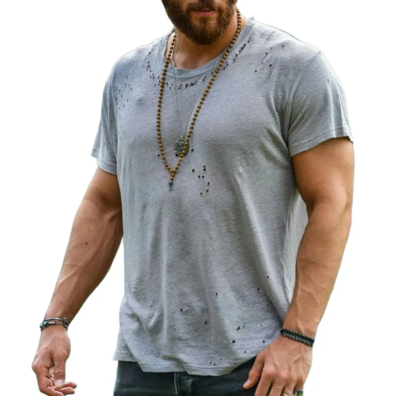 Men's Casual Round Neck Slim Fit Ripped Cotton Short Sleeve T-shirt 83989213K sold by Manly