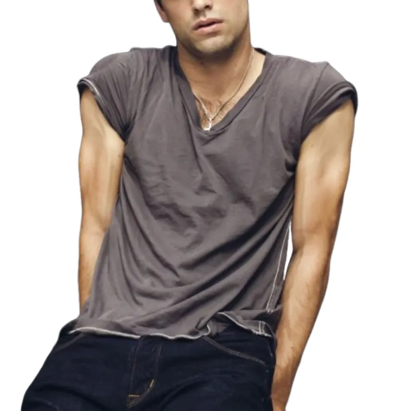 Men's Casual V-Neck Slim Fit Cotton And Linen Short-sleeved T-shirt 23471496K sold by Manly