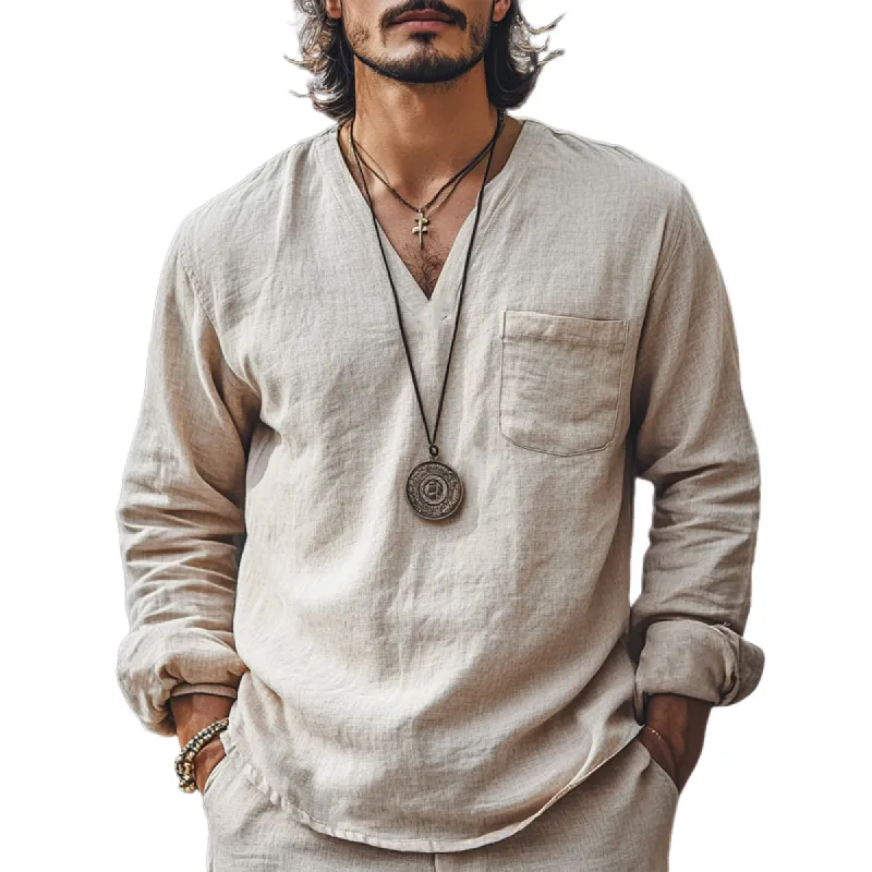 Men's Skin-friendly Casual Cotton and Linen V-neck Long-sleeved T-shirt 02327690U sold by Manly