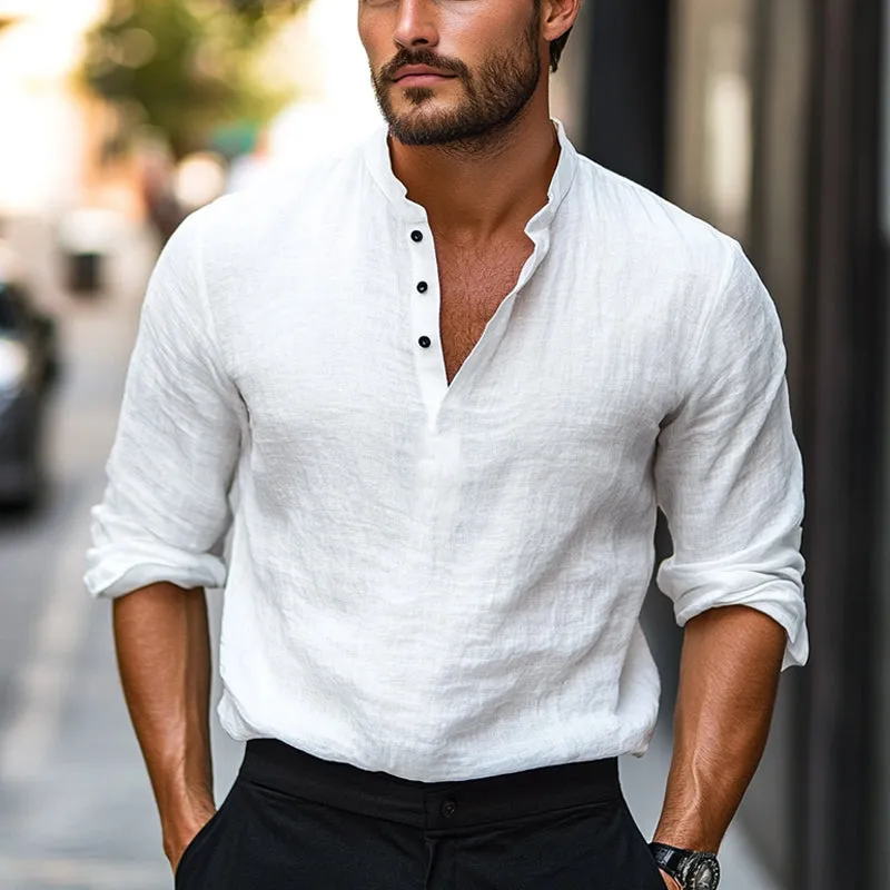 Men's Casual Solid Color Skin-friendly Cotton and Linen Long-sleeved T-shirt 88946390U sold by Manly product image thumbnail 2