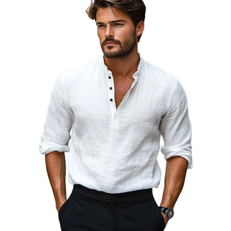 Men's Casual Solid Color Skin-friendly Cotton and Linen Long-sleeved T-shirt 88946390U sold by Manly product image thumbnail 3