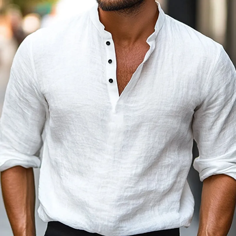 Men's Casual Solid Color Skin-friendly Cotton and Linen Long-sleeved T-shirt 88946390U sold by Manly product image thumbnail 4