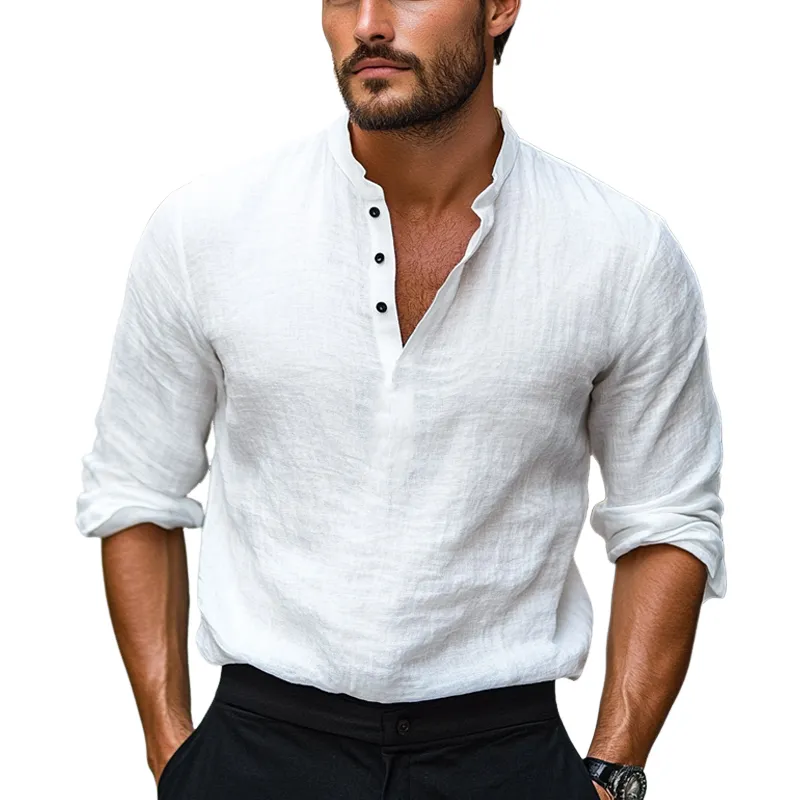 Men's Casual Solid Color Skin-friendly Cotton and Linen Long-sleeved T-shirt 88946390U sold by Manly