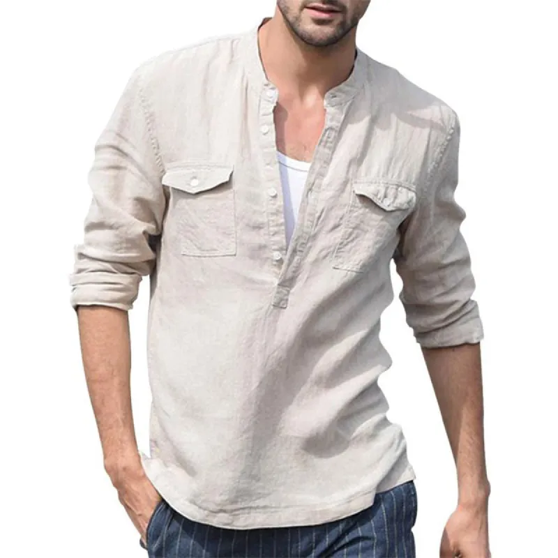Men's Casual Cotton and Linen Button Collar Solid Color Long Sleeve T-Shirt 34387095U sold by Manly