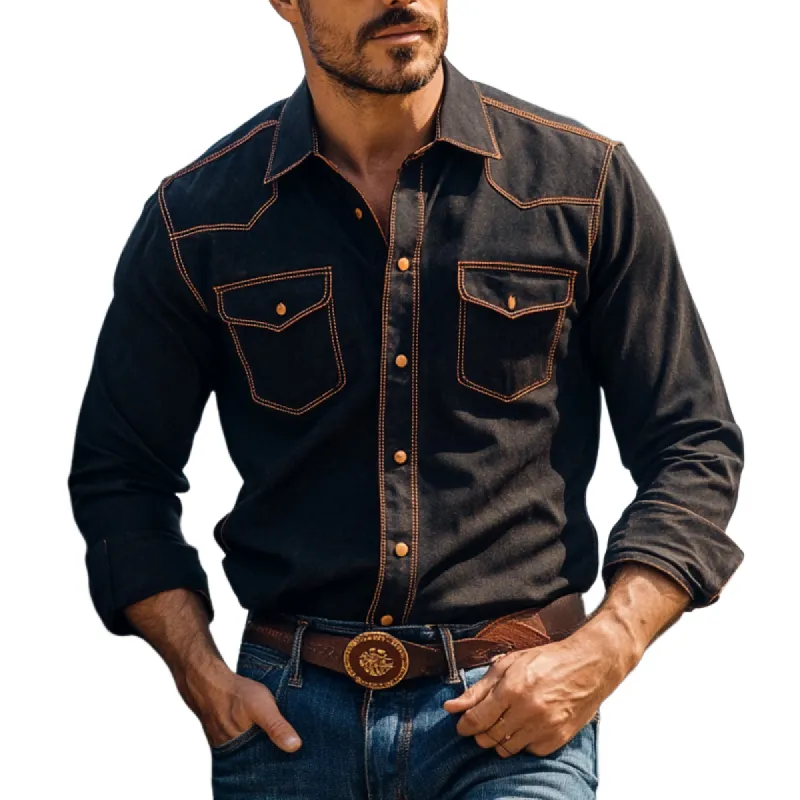 Men's Vintage Denim Contrasting Thread Long-sleeved Shirt 20221915U sold by Manly