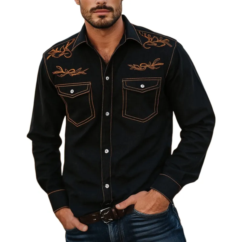 Men's Denim Retro Contrast Color Embroidery Long Sleeve Loose Shirt 23109790U sold by Manly