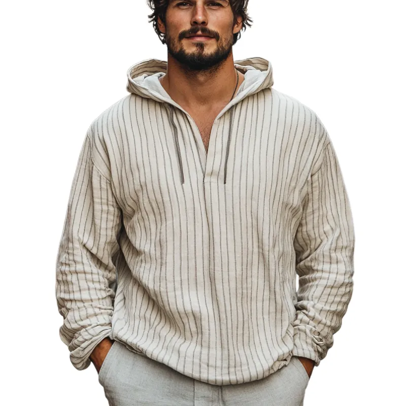 Men's Casual Loose Vertical Striped Cotton and Linen Hoodie 78046142U sold by Manly