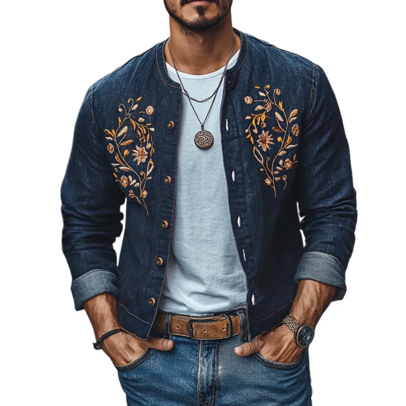 Men's Vintage Crew Neck Embroidered Single Breasted Slim Fit Denim Jacket 49161642M sold by Manly
