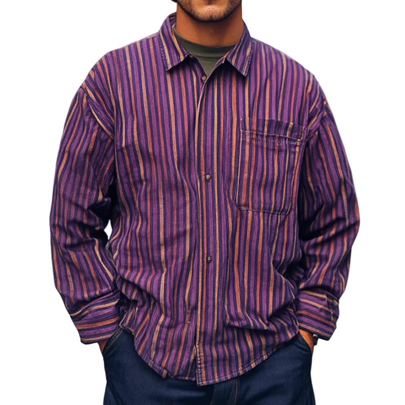 Men's Casual Fashion Lapel Striped Long Sleeve Shirt 33936468F sold by Manly