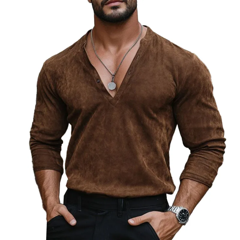 Men's Vintage Solid Suede V-Neck Long Sleeve T-Shirt 55041526X sold by Manly