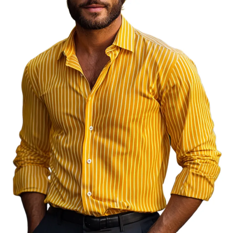 Men's Yellow Striped Lapel Long Sleeve Shirt 33587996F sold by Manly